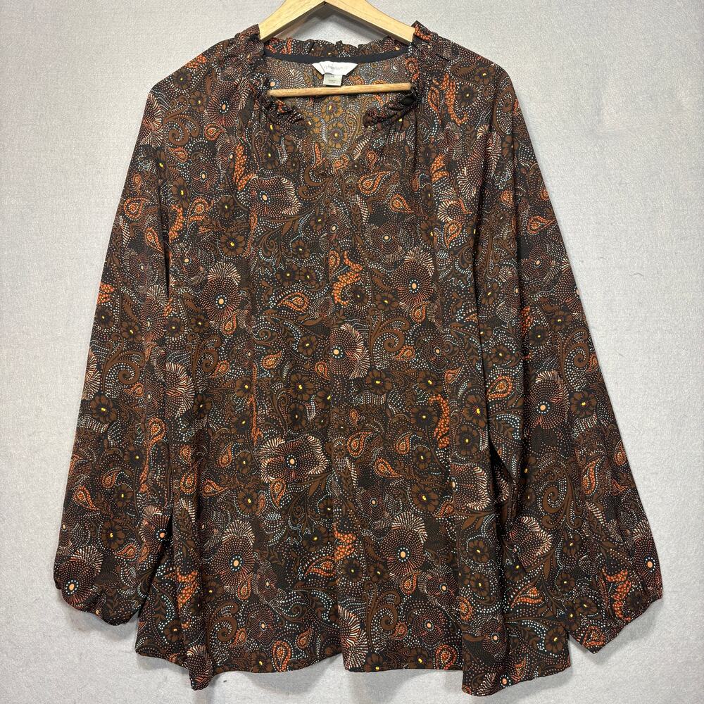CJ Banks‎ Brown Blouse 1X Floral Paisley Flowy Boho Artsy Cottagecore Western